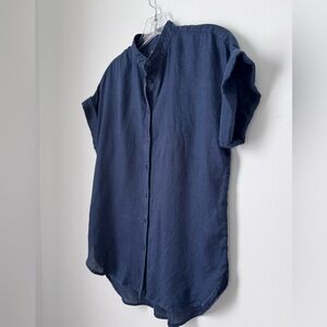Women’s navy blue   Short-Sleeve Button-Up linen blouse XS